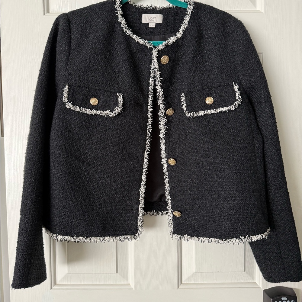 LOFT Black Tweed Jacket with White Fringe Trim